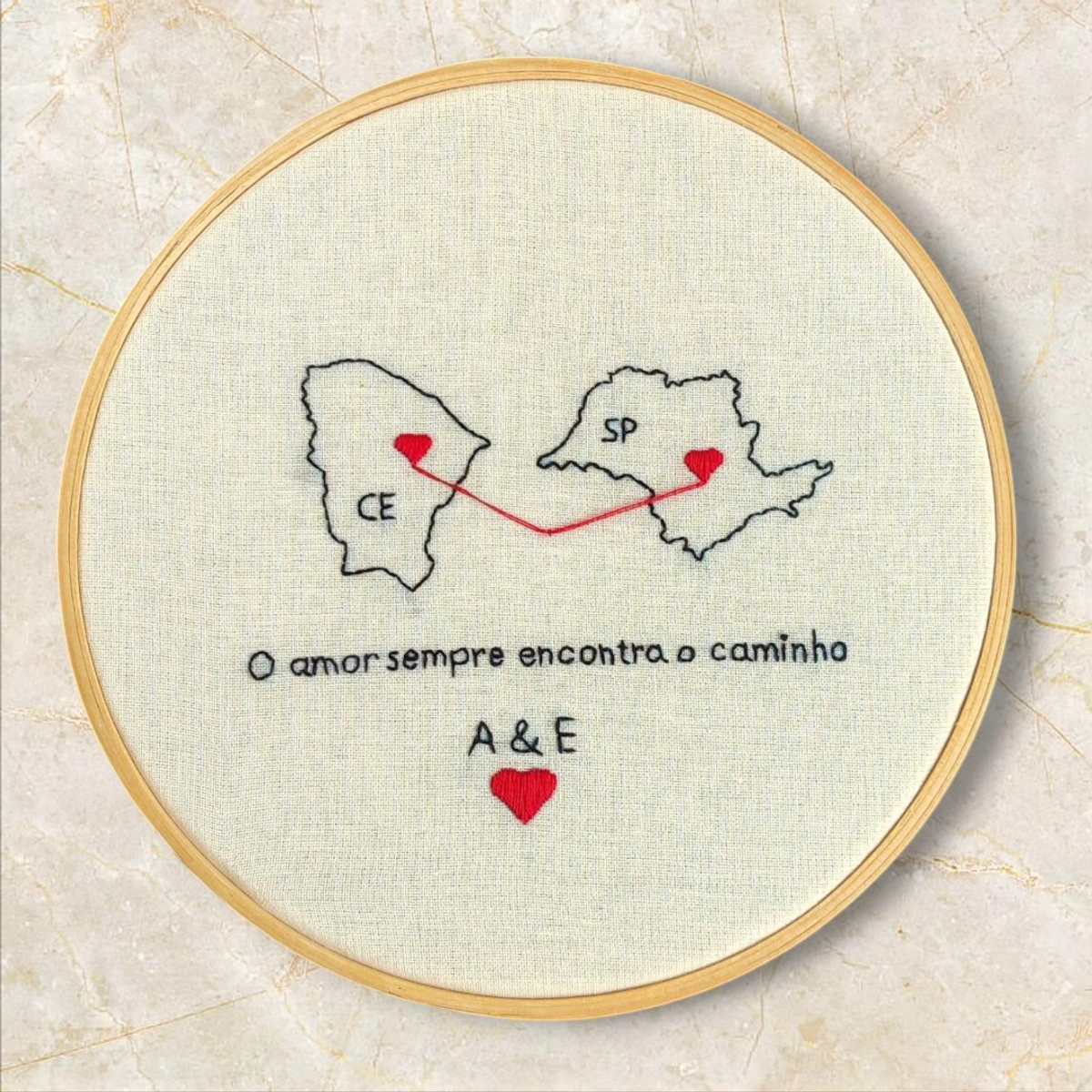 Bastidor com mapas do Ceará e de São Paulo ligados por linha vermelha e coração